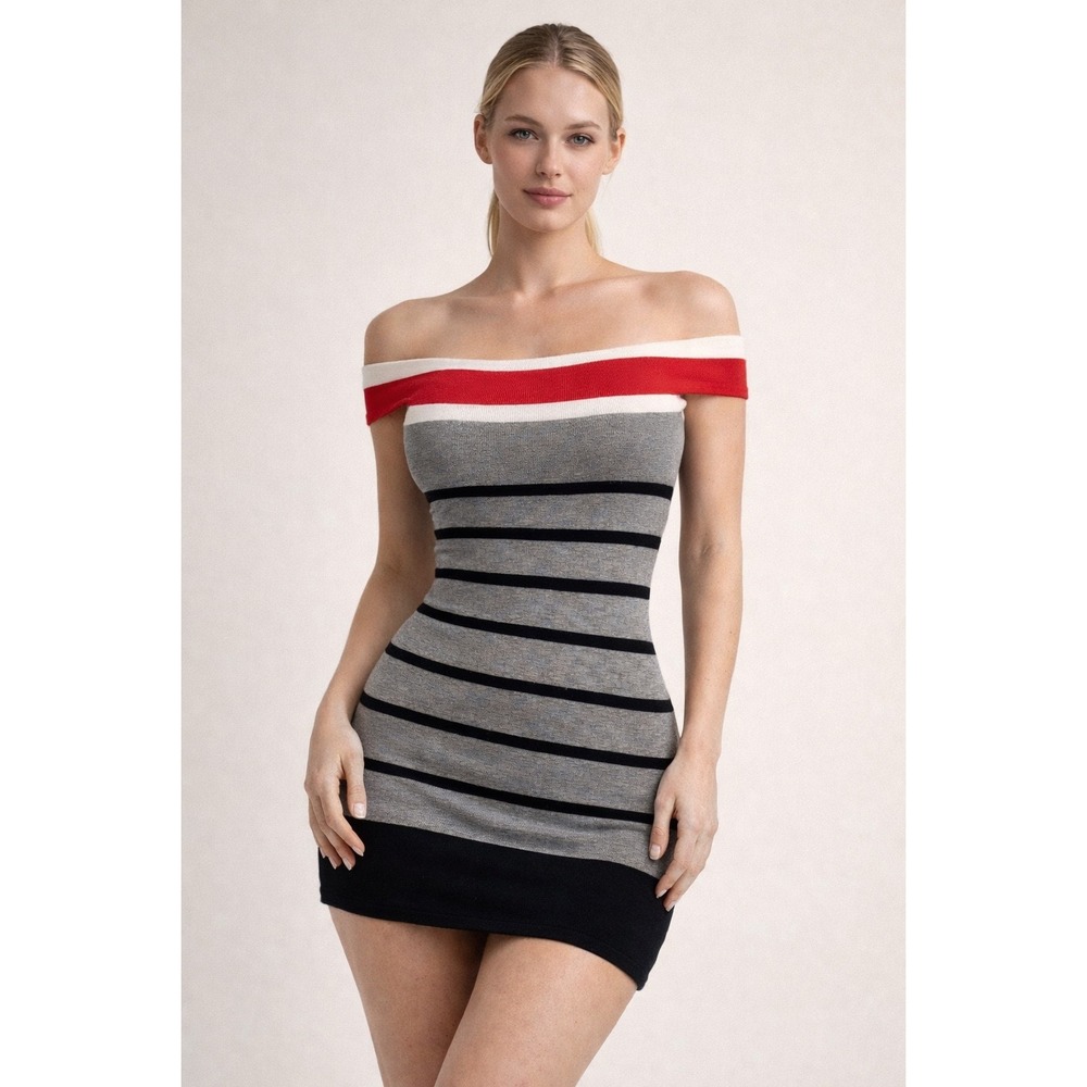 Vintage Y2K‎ Bebe Off Shoulder Striped Bodycon Mini Dress XS Grey Red Nautical
